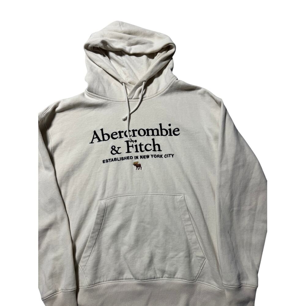 Abercrombie & Fitch Hoodie Mens S Cream Relaxed Soft A&F Fleece Graphic Pullover - Picture 9 of 16